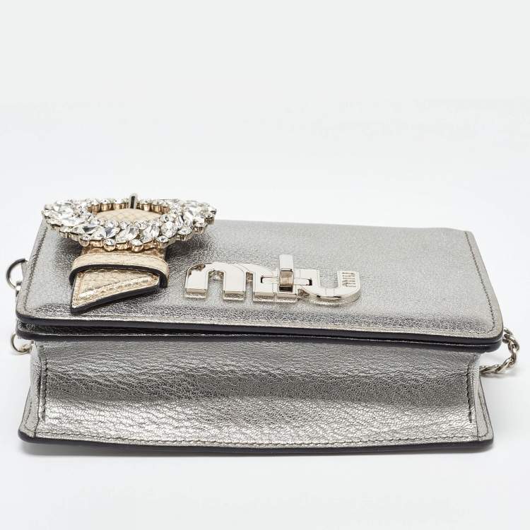 Pre Owned Miu Miu Silver/Gold Leather and Watersnake Leather Crystal Embellished Clutch Bag