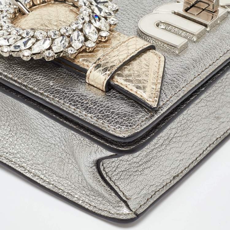 Pre Owned Miu Miu Silver/Gold Leather and Watersnake Leather Crystal Embellished Clutch Bag