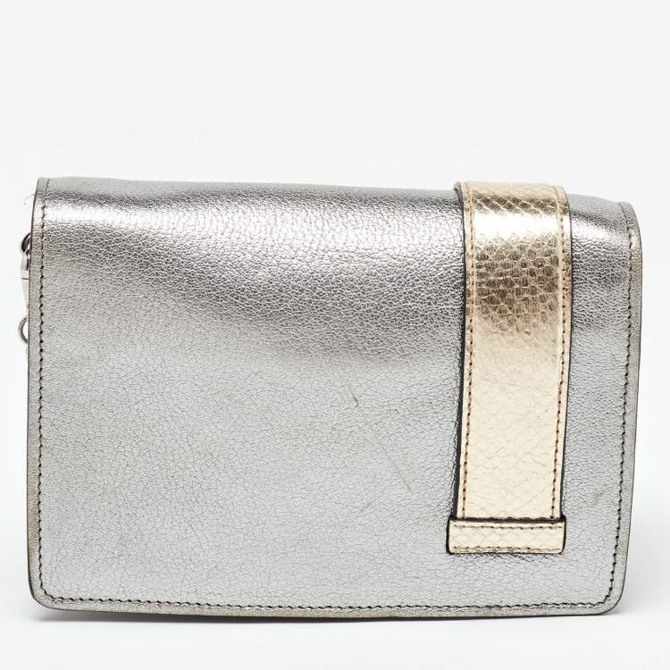 Pre Owned Miu Miu Silver/Gold Leather and Watersnake Leather Crystal Embellished Clutch Bag