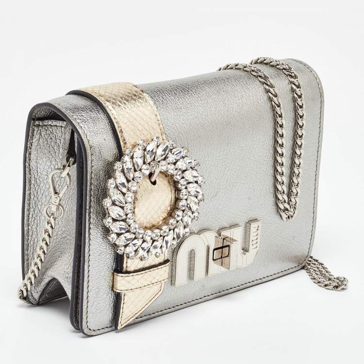 Pre Owned Miu Miu Silver/Gold Leather and Watersnake Leather Crystal Embellished Clutch Bag