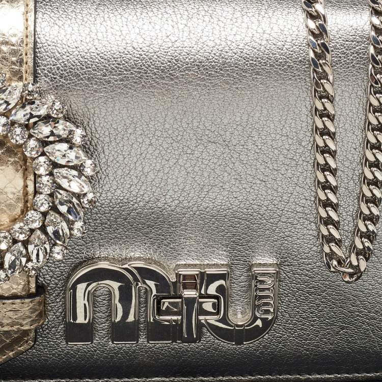 Pre Owned Miu Miu Silver/Gold Leather and Watersnake Leather Crystal Embellished Clutch Bag