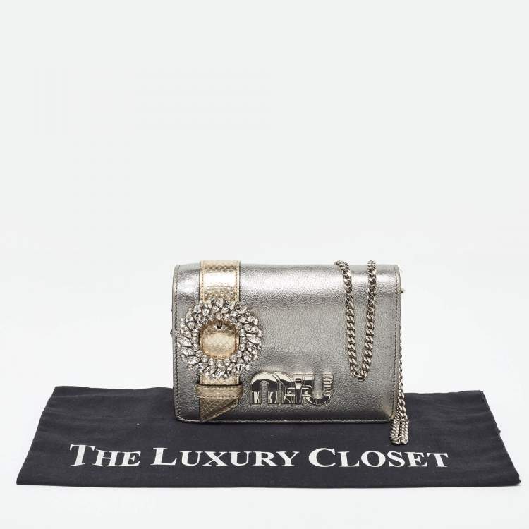 Pre Owned Miu Miu Silver/Gold Leather and Watersnake Leather Crystal Embellished Clutch Bag