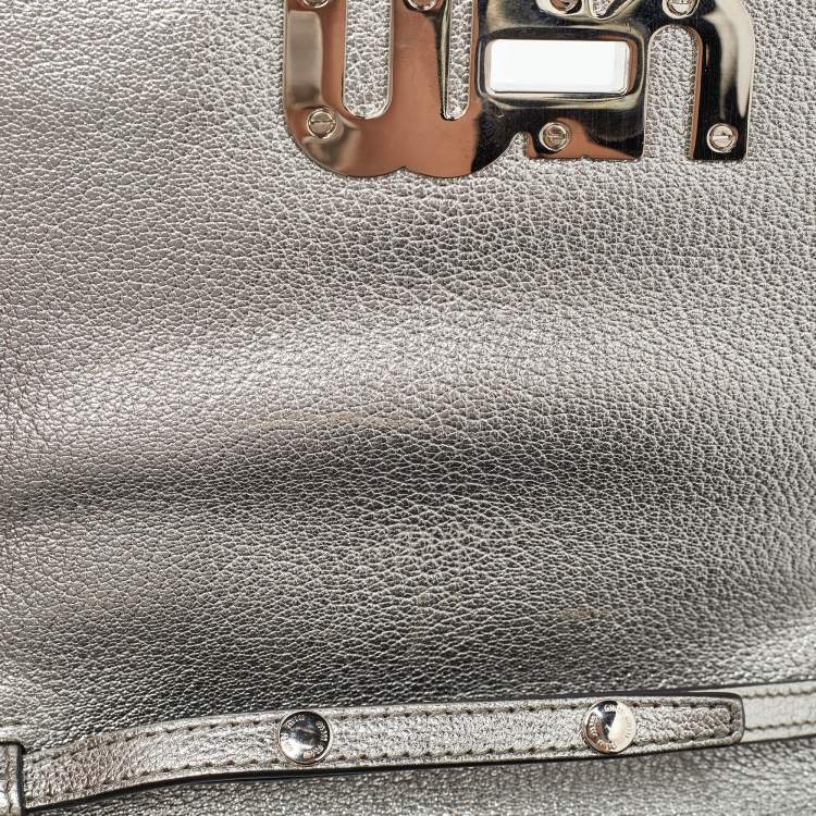Pre Owned Miu Miu Silver/Gold Leather and Watersnake Leather Crystal Embellished Clutch Bag