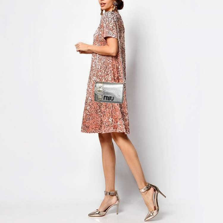 Pre Owned Miu Miu Silver/Gold Leather and Watersnake Leather Crystal Embellished Clutch Bag
