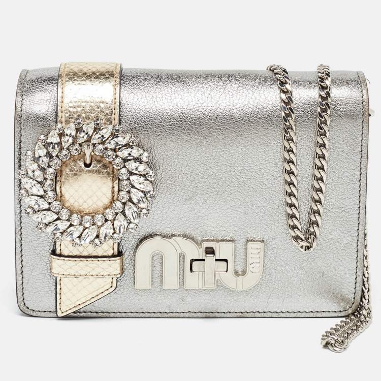 Pre Owned Miu Miu Silver/Gold Leather and Watersnake Leather Crystal Embellished Clutch Bag