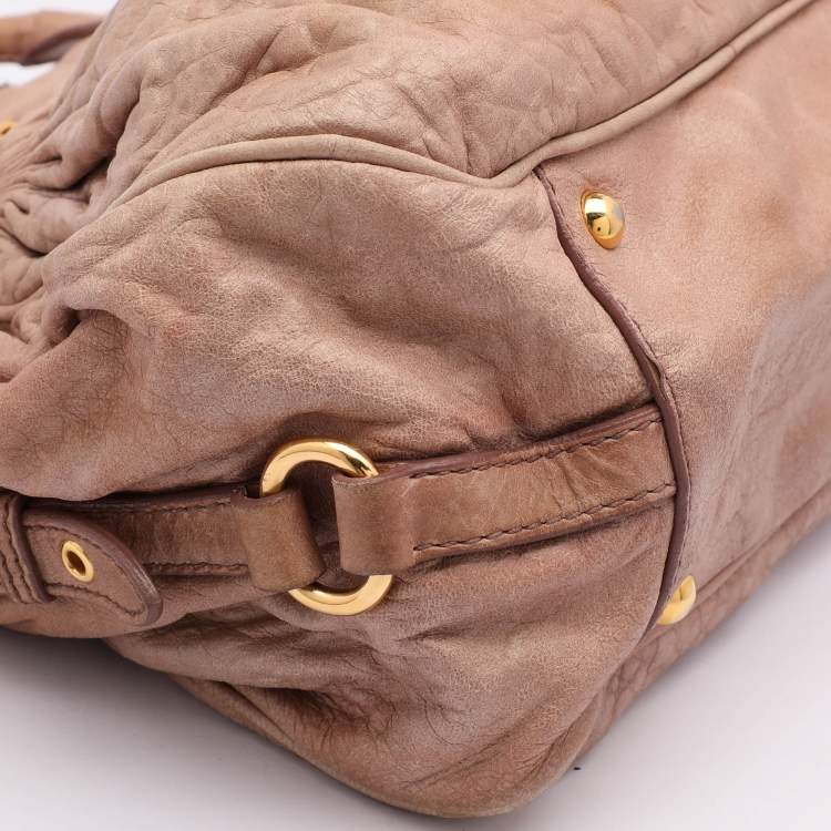 Pre Owned Miu Miu Beige Leather Lily Distressed Satchel