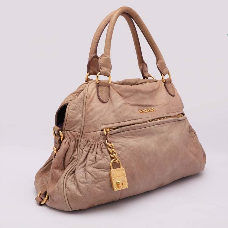 Pre Owned Miu Miu Beige Leather Lily Distressed Satchel