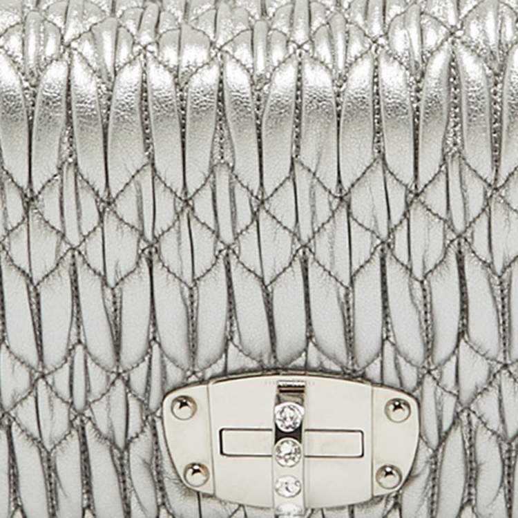 Pre Owned Miu Miu Silver Matelassé Leather Crystals Shoulder Bag