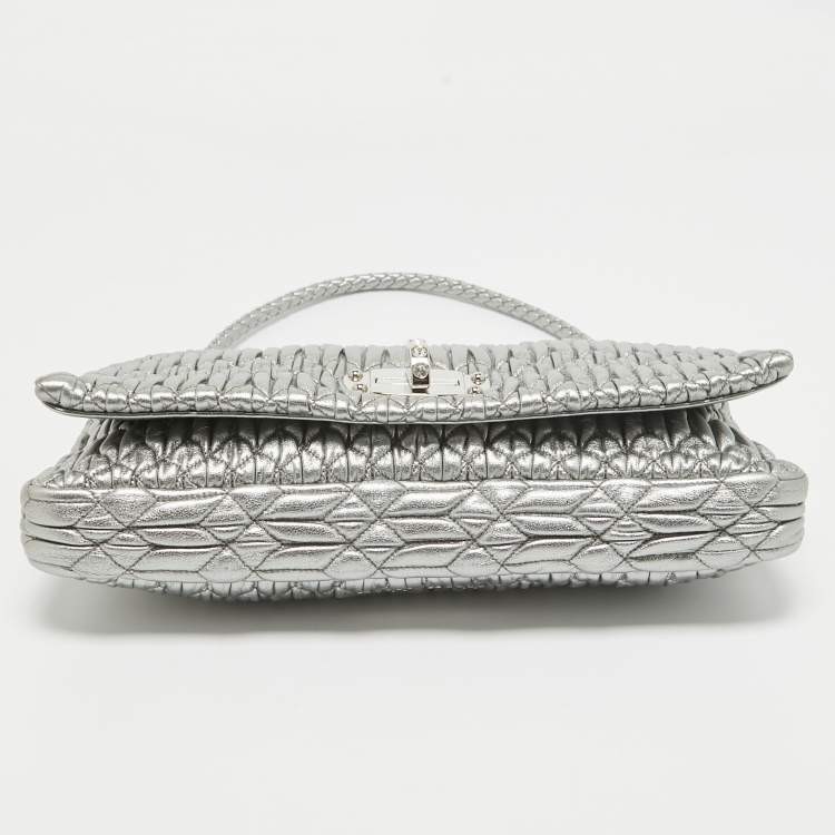Pre Owned Miu Miu Silver Matelassé Leather Crystals Shoulder Bag