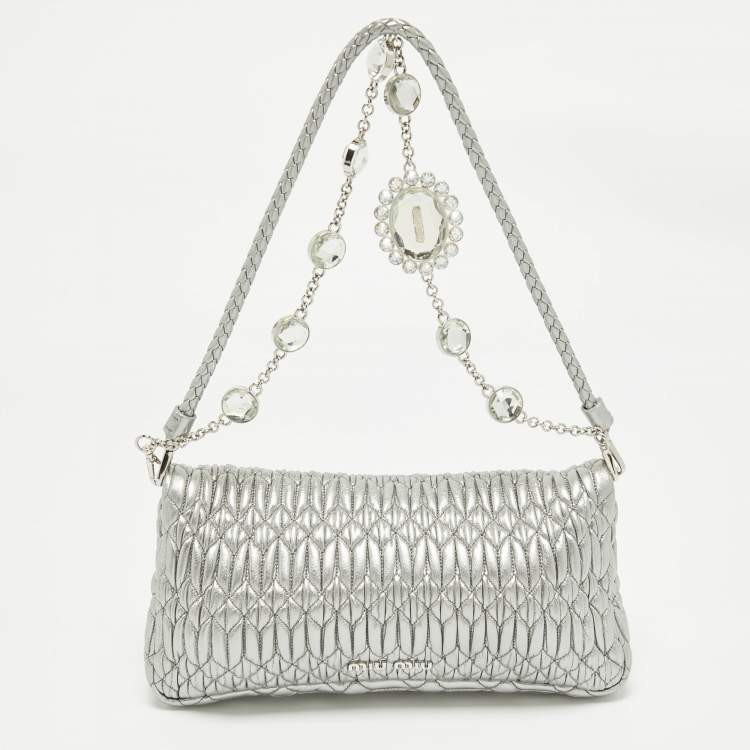 Pre Owned Miu Miu Silver Matelassé Leather Crystals Shoulder Bag