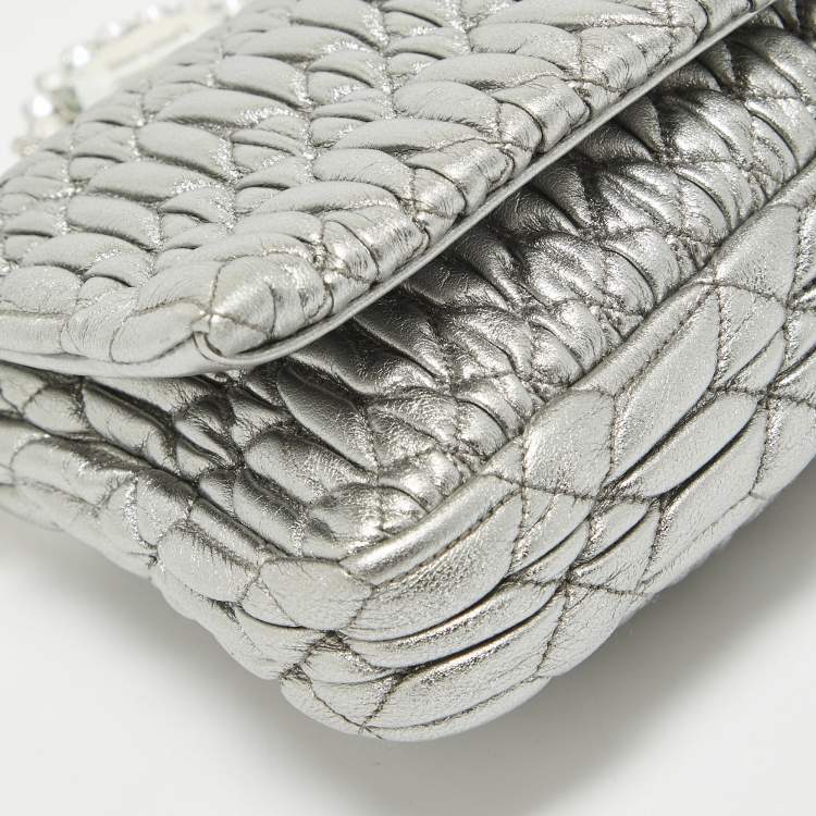 Pre Owned Miu Miu Silver Matelassé Leather Crystals Shoulder Bag