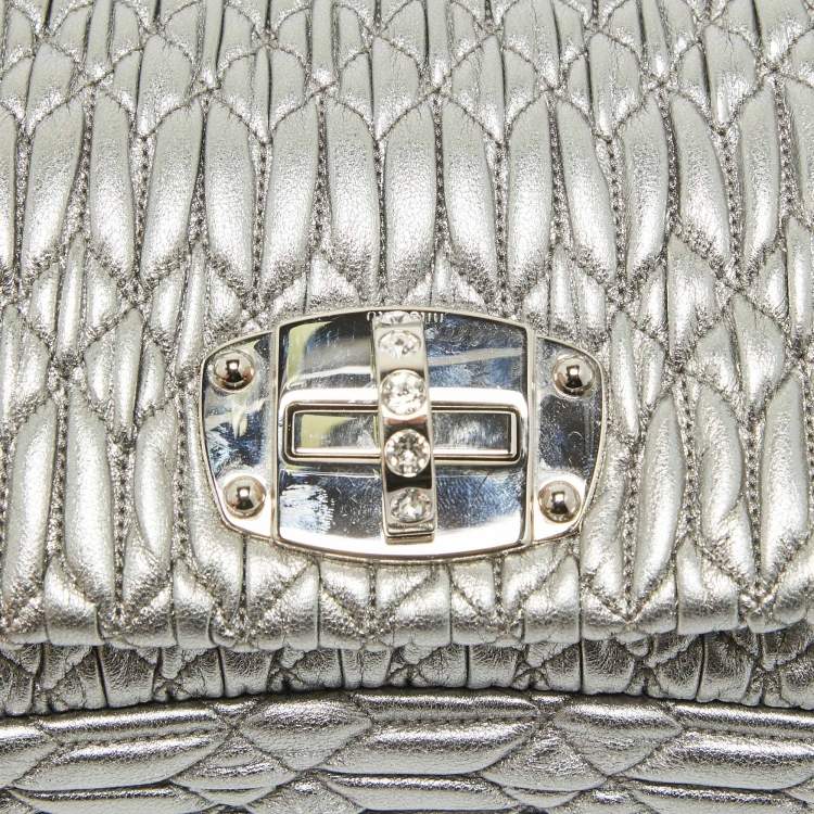 Pre Owned Miu Miu Silver Matelassé Leather Crystals Shoulder Bag