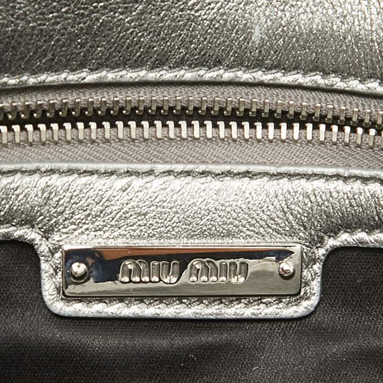 Pre Owned Miu Miu Silver Matelassé Leather Crystals Shoulder Bag