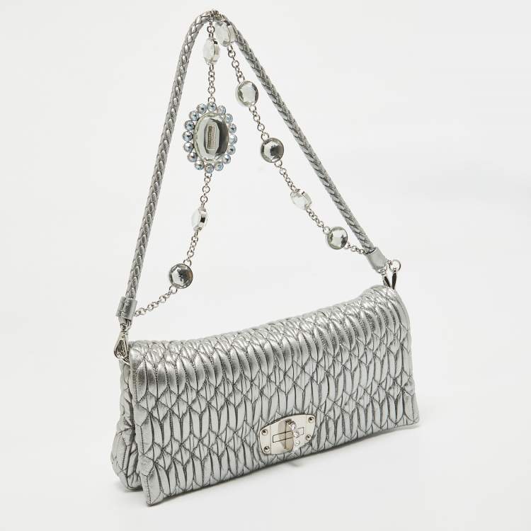 Pre Owned Miu Miu Silver Matelassé Leather Crystals Shoulder Bag