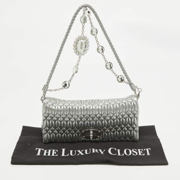 Pre Owned Miu Miu Silver Matelassé Leather Crystals Shoulder Bag