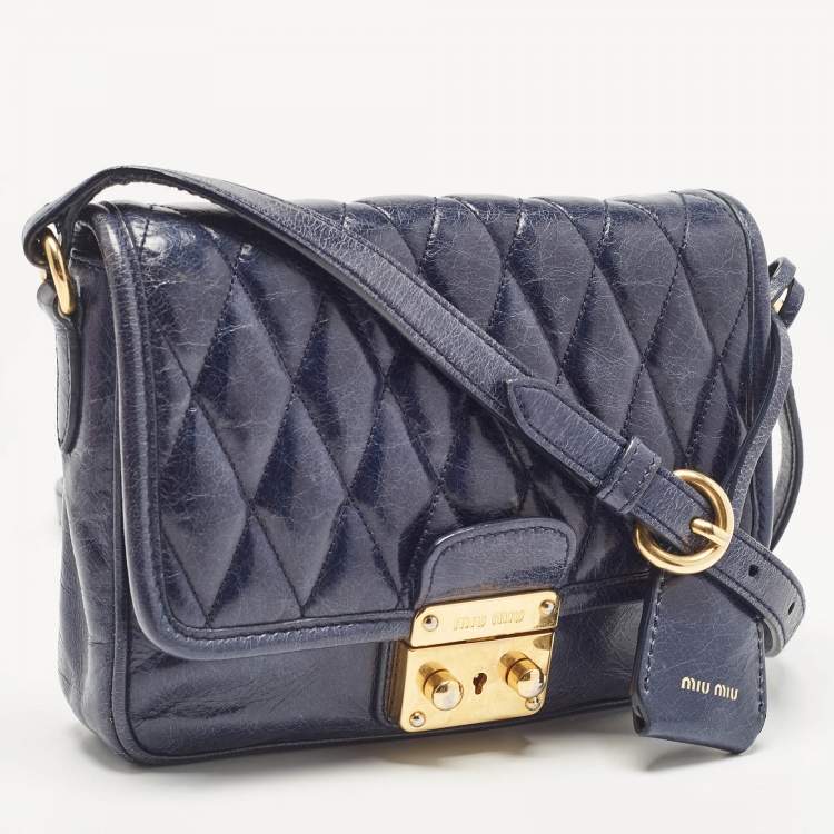 مملوكة مسبقًا Miu Miu Navy Blue Vitello Shine Leather Pushlock Flap Crossbody Bag