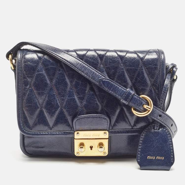 مملوكة مسبقًا Miu Miu Navy Blue Vitello Shine Leather Pushlock Flap Crossbody Bag