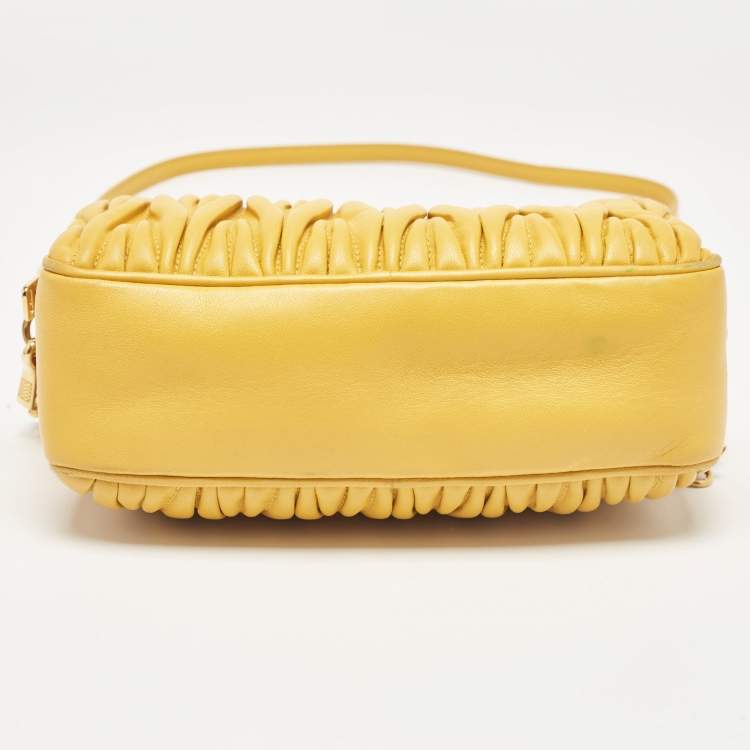 Pre Owned Miu Miu Mustard Matelassé Leather Double Zip Crossbody Bag