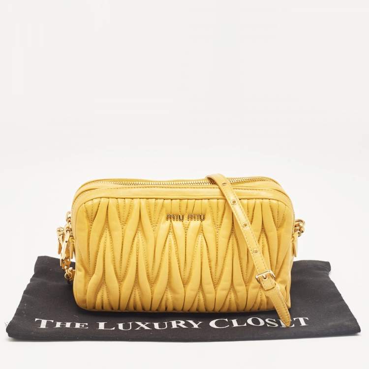 Pre Owned Miu Miu Mustard Matelassé Leather Double Zip Crossbody Bag