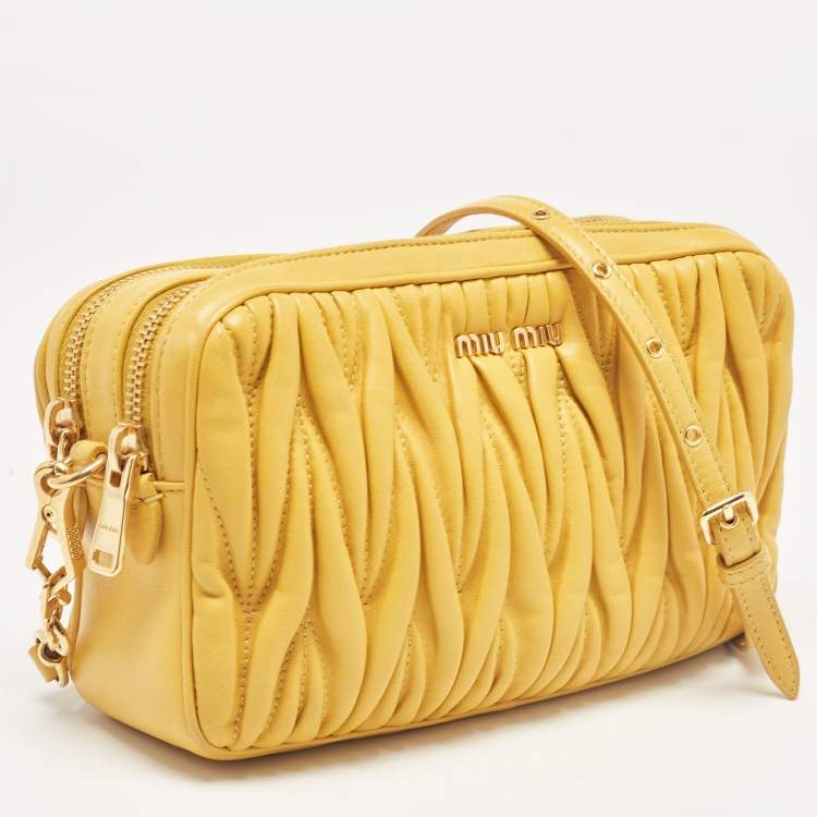 Pre Owned Miu Miu Mustard Matelassé Leather Double Zip Crossbody Bag