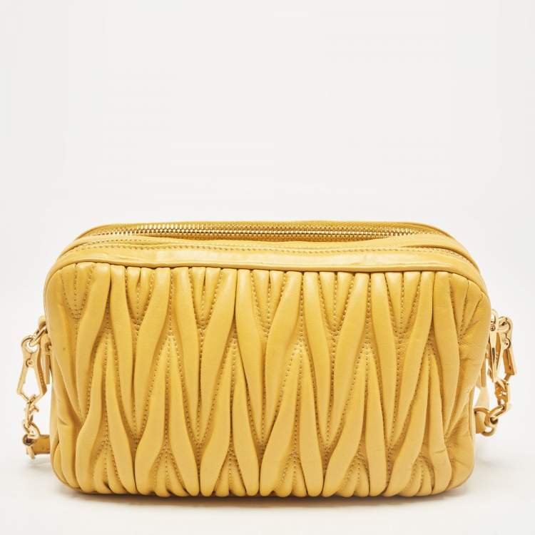 Pre Owned Miu Miu Mustard Matelassé Leather Double Zip Crossbody Bag