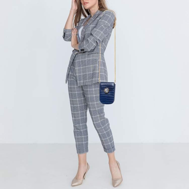 Pre Owned Miu Miu Blue Croc Embossed Leather Crystal Crossbody Bag
