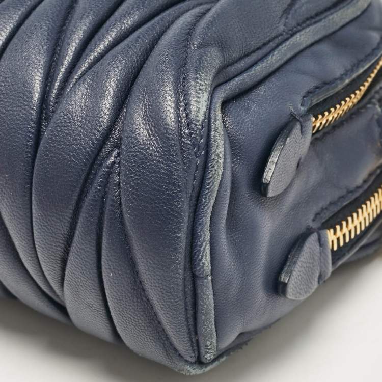 Pre Owned Miu Miu Blue Matelassé Leather Double Zip Crossbody Bag