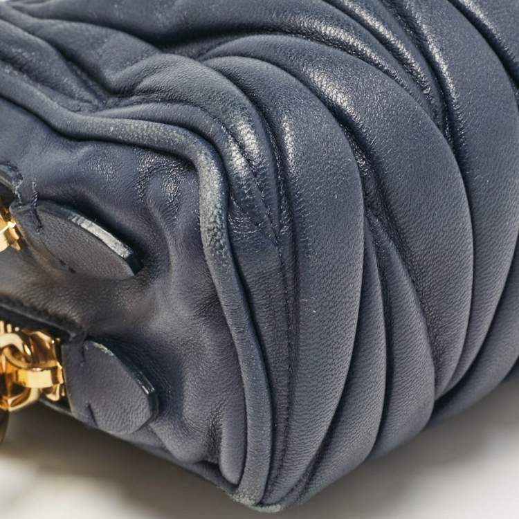 Pre Owned Miu Miu Blue Matelassé Leather Double Zip Crossbody Bag