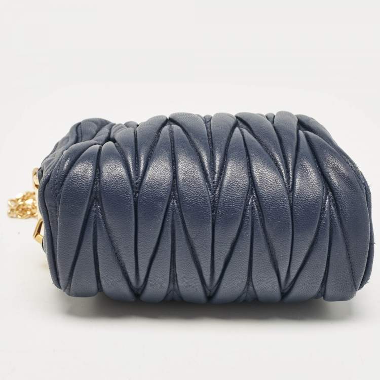Pre Owned Miu Miu Blue Matelassé Leather Double Zip Crossbody Bag
