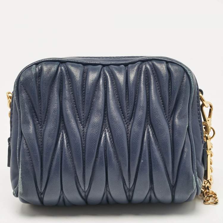Pre Owned Miu Miu Blue Matelassé Leather Double Zip Crossbody Bag