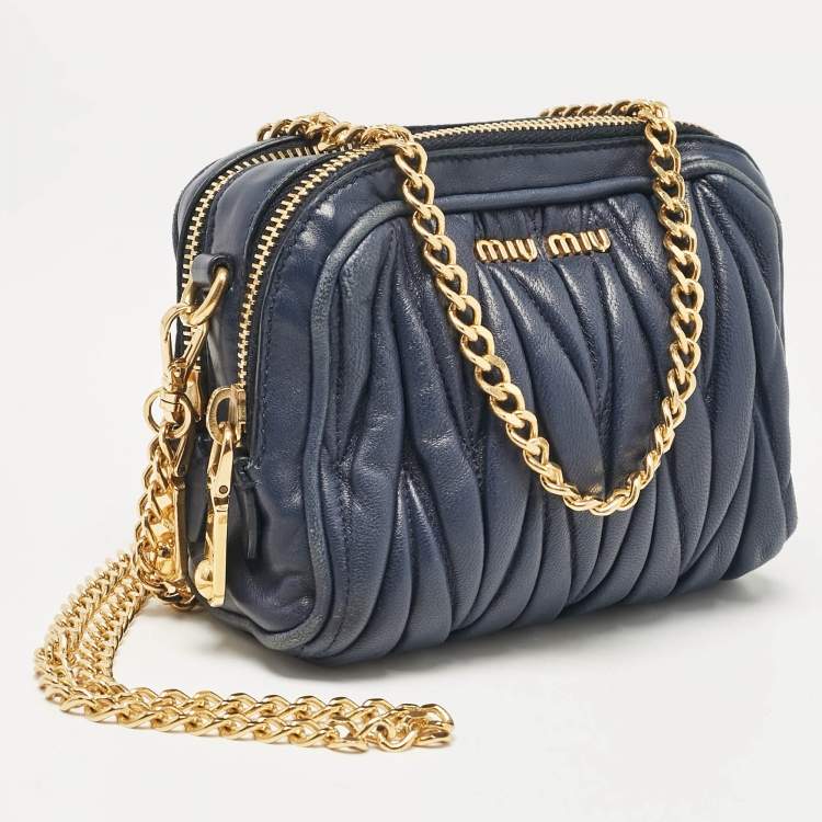Pre Owned Miu Miu Blue Matelassé Leather Double Zip Crossbody Bag