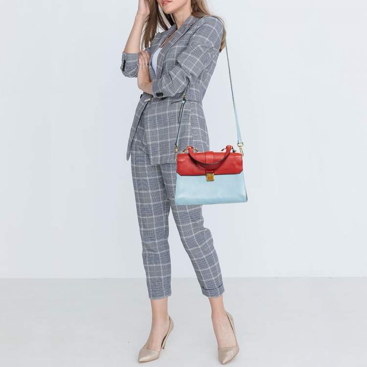 Pre Owned Miu Miu Red/Light Blue Madras Leather Pushlock Top Handle Bag
