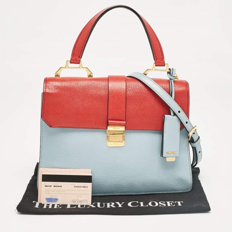 Pre Owned Miu Miu Red/Light Blue Madras Leather Pushlock Top Handle Bag