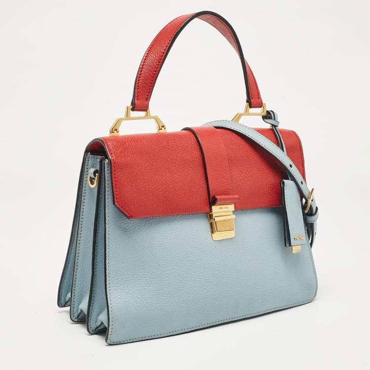 Pre Owned Miu Miu Red/Light Blue Madras Leather Pushlock Top Handle Bag