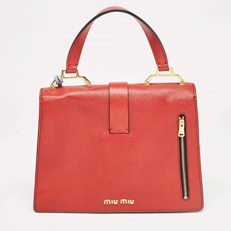 Pre Owned Miu Miu Red/Light Blue Madras Leather Pushlock Top Handle Bag