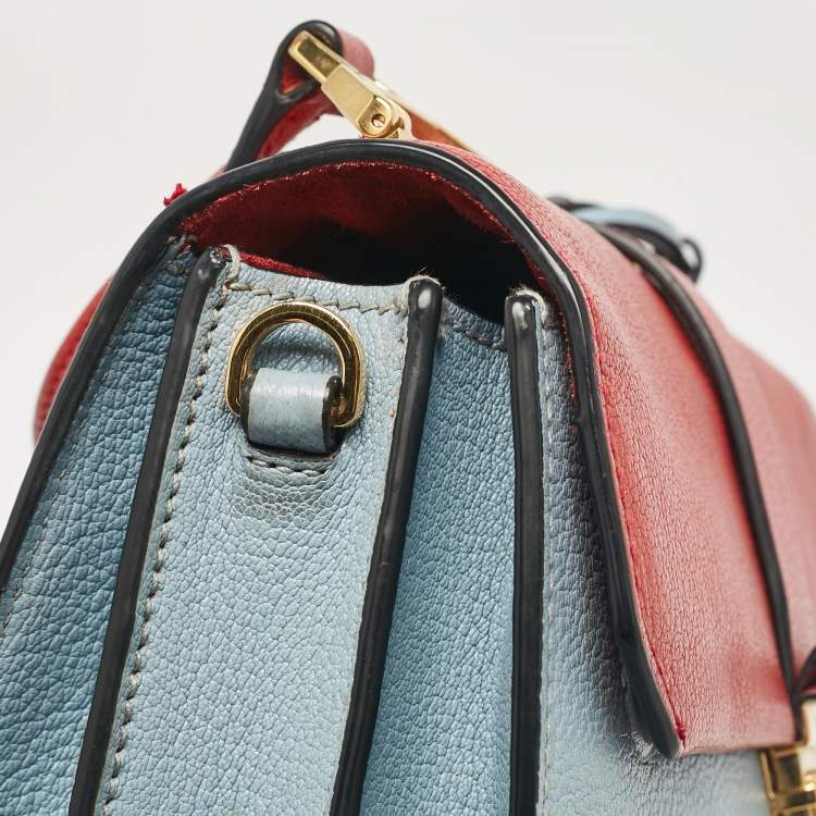 Pre Owned Miu Miu Red/Light Blue Madras Leather Pushlock Top Handle Bag