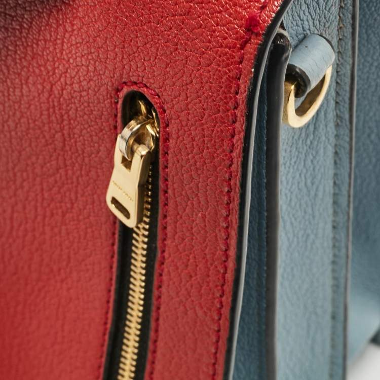 Pre Owned Miu Miu Red/Light Blue Madras Leather Pushlock Top Handle Bag