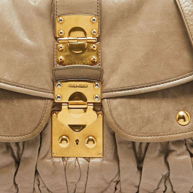 Pre Owned Miu Miu Light Green Matelassé Leather Coffer Hobo