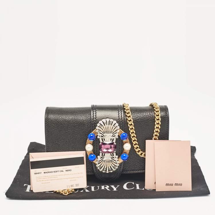 Pre Owned Miu Miu Black Leather Jewel Embellished Buckle Chain Clutch