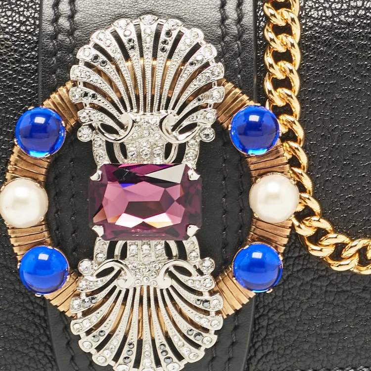 Pre Owned Miu Miu Black Leather Jewel Embellished Buckle Chain Clutch