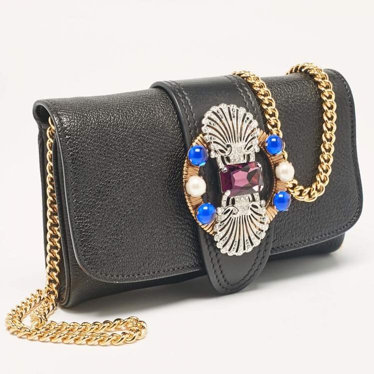 Pre Owned Miu Miu Black Leather Jewel Embellished Buckle Chain Clutch