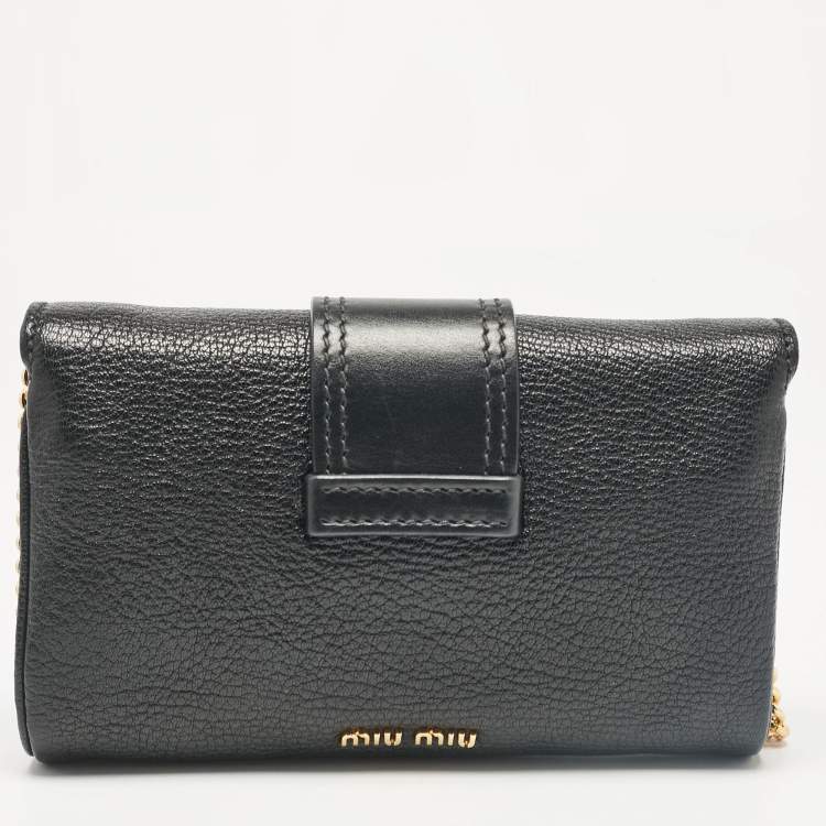 Pre Owned Miu Miu Black Leather Jewel Embellished Buckle Chain Clutch