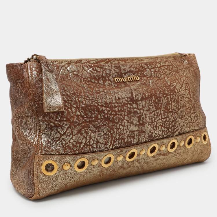 Pre Owned Miu Miu Gold/Brown Textured Leather Clutch