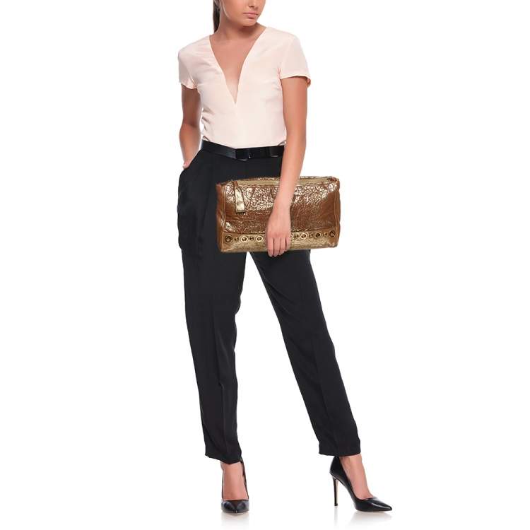 Pre Owned Miu Miu Gold/Brown Textured Leather Clutch