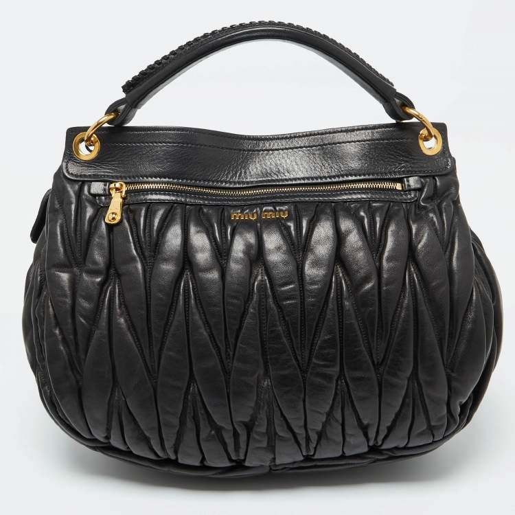 Pre Owned Miu Miu Black Matelassé Leather Front Flap Hobo
