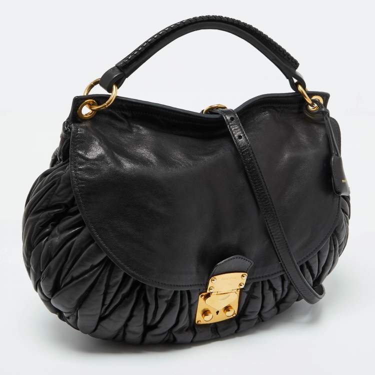 Pre Owned Miu Miu Black Matelassé Leather Front Flap Hobo