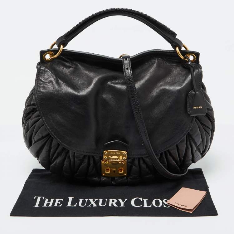 Pre Owned Miu Miu Black Matelassé Leather Front Flap Hobo