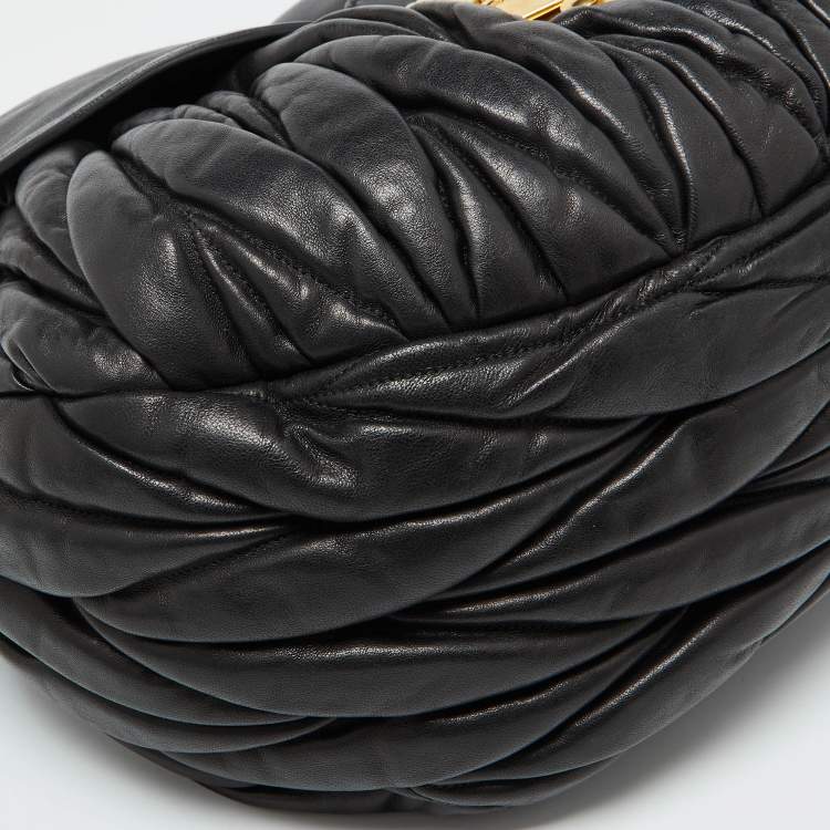 Pre Owned Miu Miu Black Matelassé Leather Front Flap Hobo