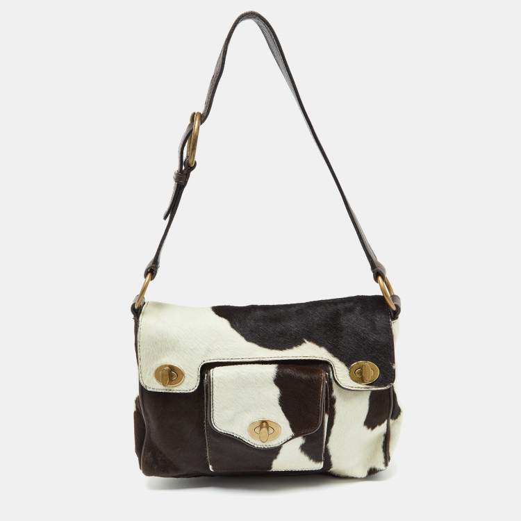 Pre Owned Miu Miu Brown/White Cow Print Calfhair and Leather Hobo