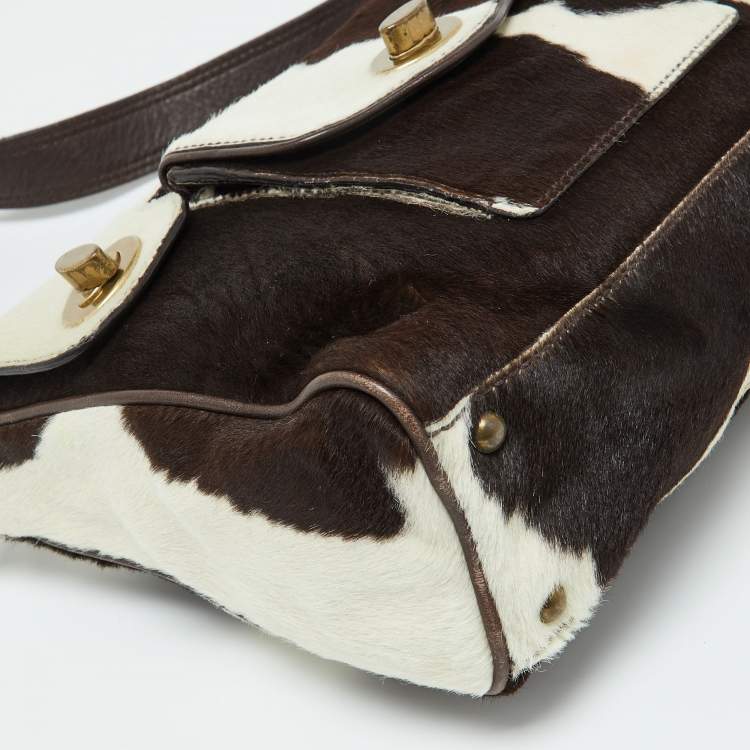 Pre Owned Miu Miu Brown/White Cow Print Calfhair and Leather Hobo